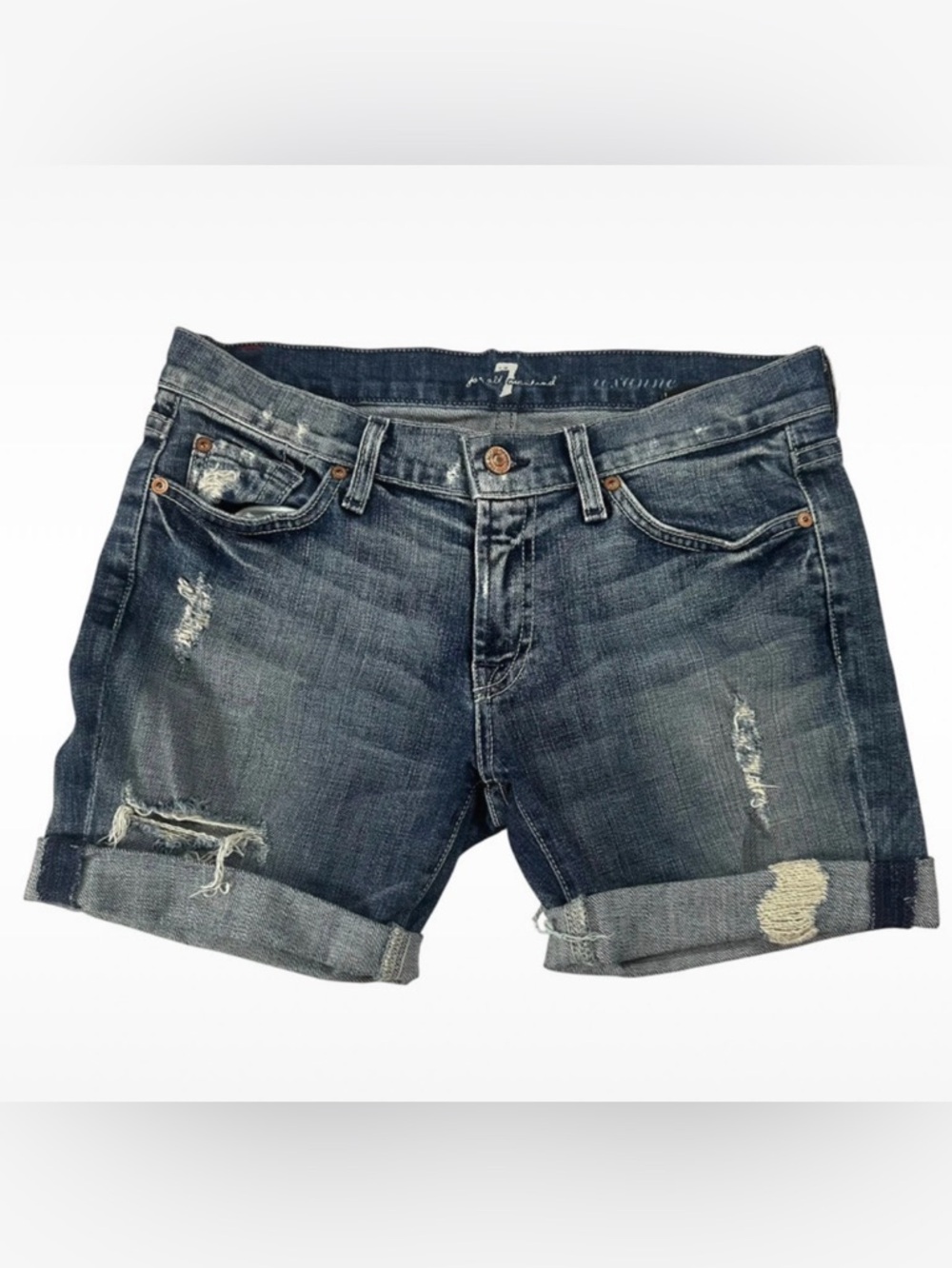 7 For All Mankind Dark Blue Distressed Rolled Cuff Jean Shorts Size 29